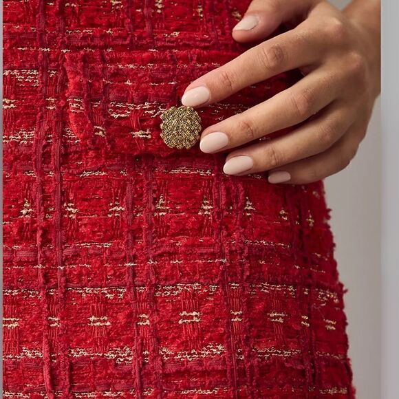 Anthropologie Endless Rose Red Tweed Gold Sparkle Holiday Mini Skirt - Picture 4 of 15